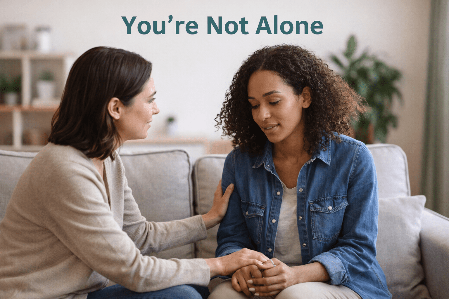 Two women are sitting on a couch offering support.
